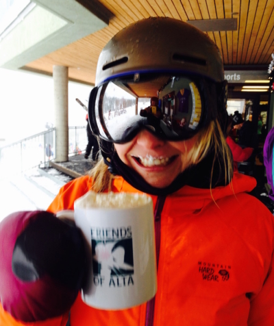 Skier with a mug of cocoa. Text on mug: Friends of Alta.