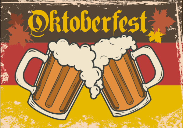 German flag graphic with beer mugs. Text: Oktoberfest.