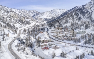 Aerial view of the Utah ski towns Alta and Snowbird during winter