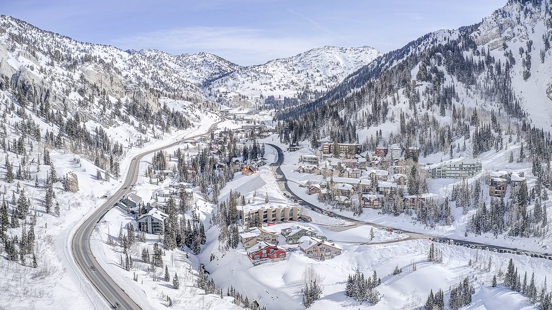 Aerial view of the Utah ski towns Alta and Snowbird during winter
