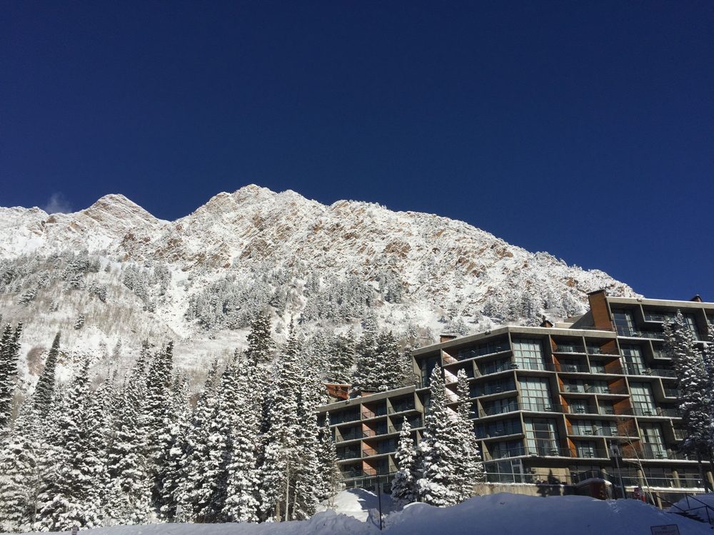 View of condos during winter at Snowbird ski resort