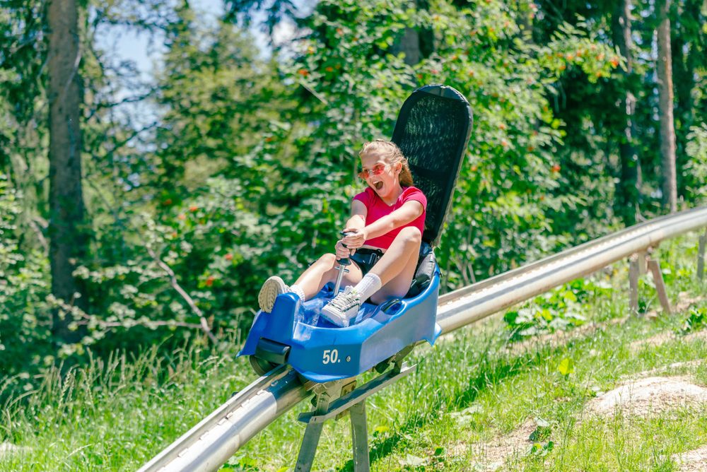 Kid riding down mountain coaster in Snowbird Utah